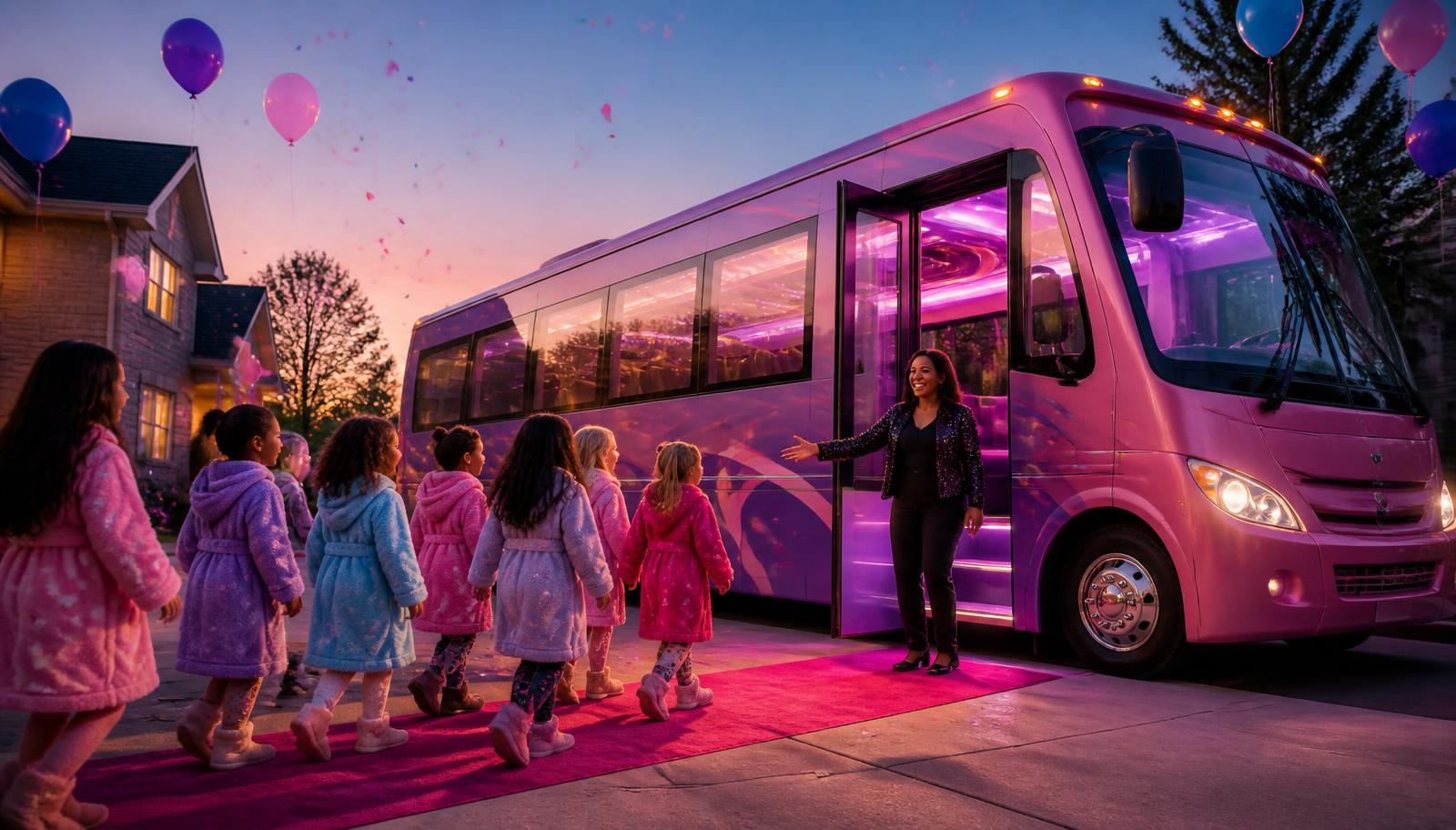 Confetti Cruiser party and spa bus glowing pink and purple at twilight as children in party robes walk a bright carpet to the open door